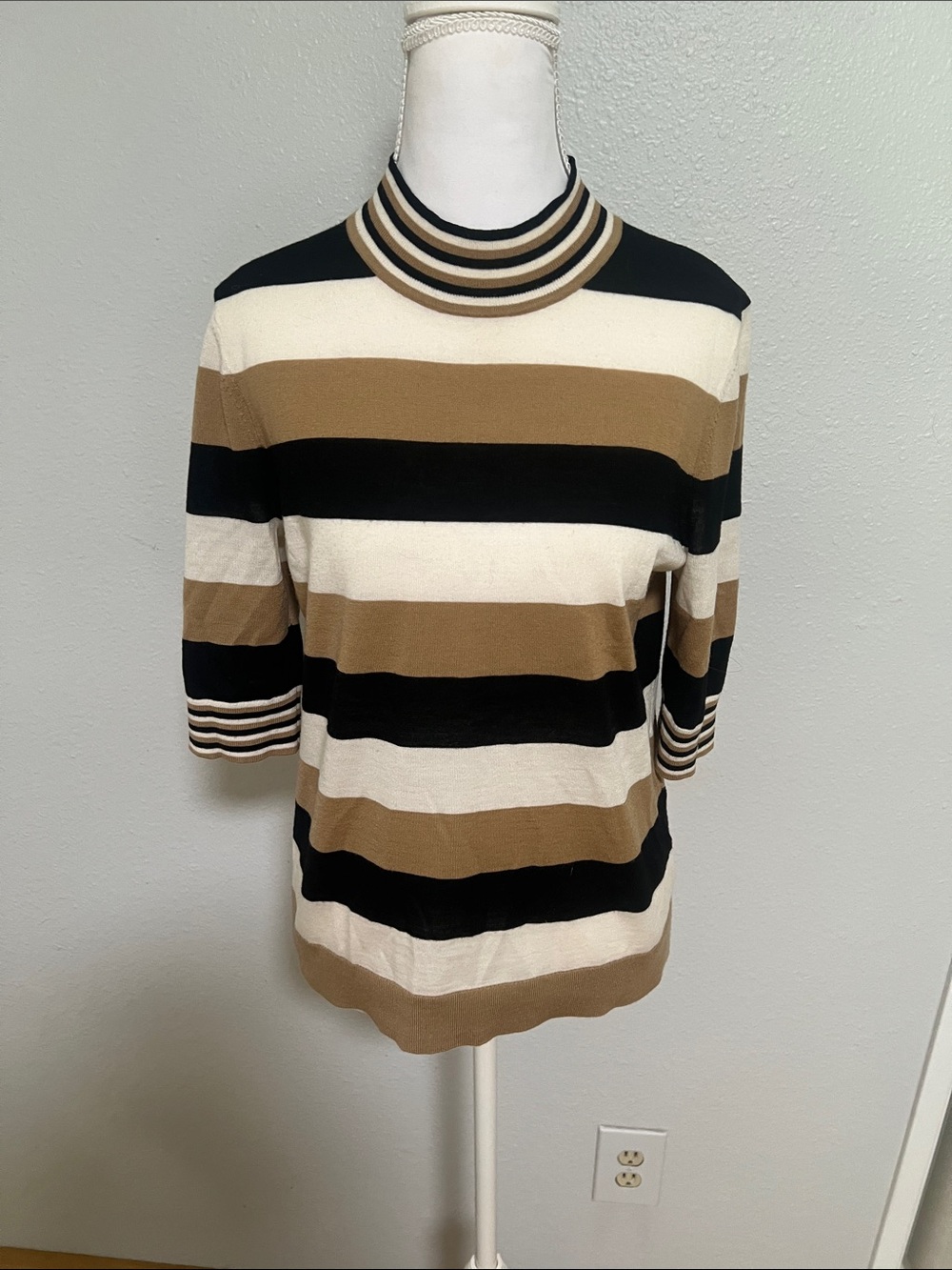 BOSS Women's Mock Turtleneck Sweater in Black, Cream & Tan